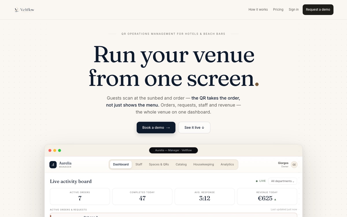 Veltflow: guest ordering and live activity board for beach bars and hotels